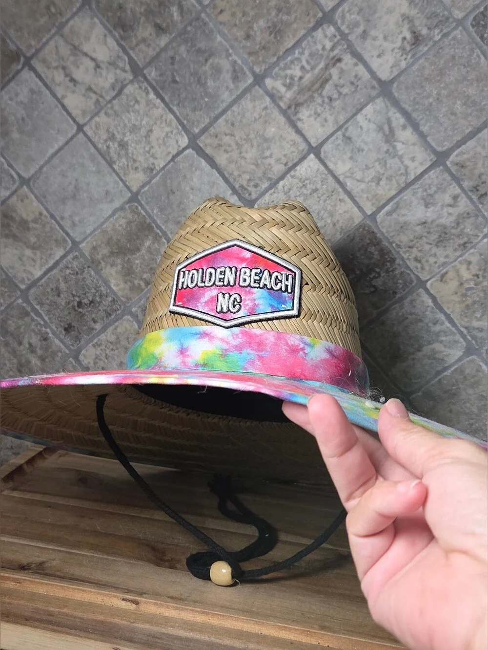 Holden Beach N. C. Lucky 7 Wide Brim Straw Sun Hat - Tie-Dye Brim One Size Adult